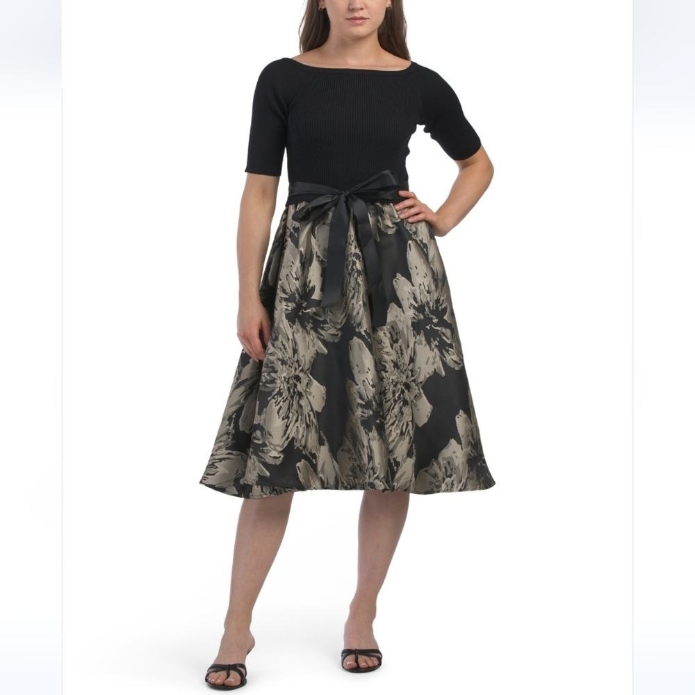 Dalia Macphee Boatneck Ribbed Top Jackquard Floral Skirt Midi Dress